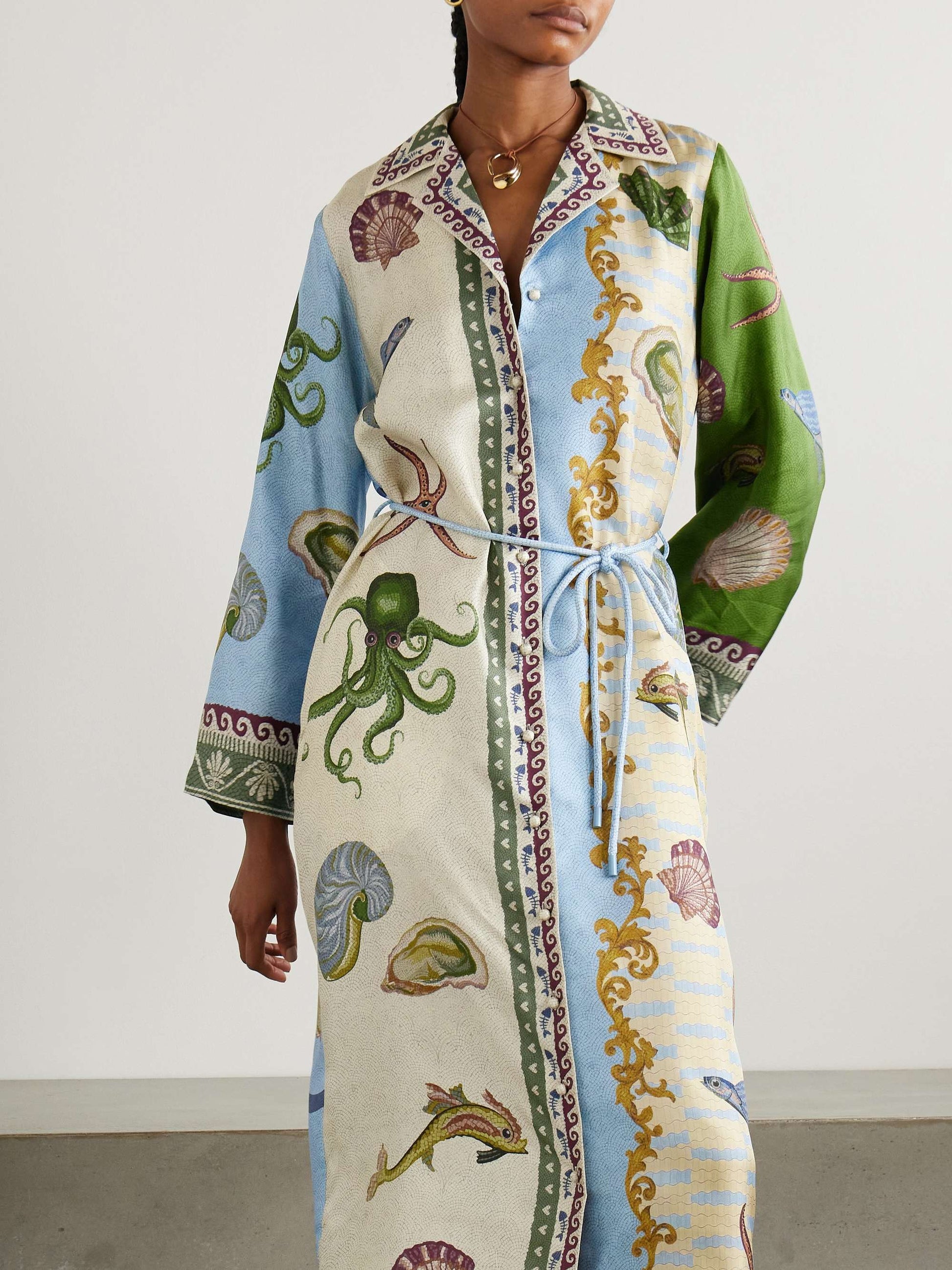Unique Deep Sea Floral Print Single Breasted Midi Shirt Dress