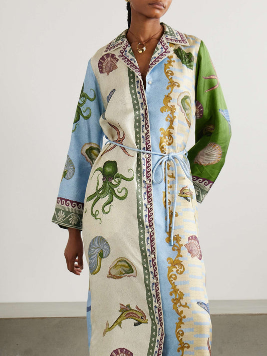 Unique Deep Sea Floral Print Single Breasted Midi Shirt Dress