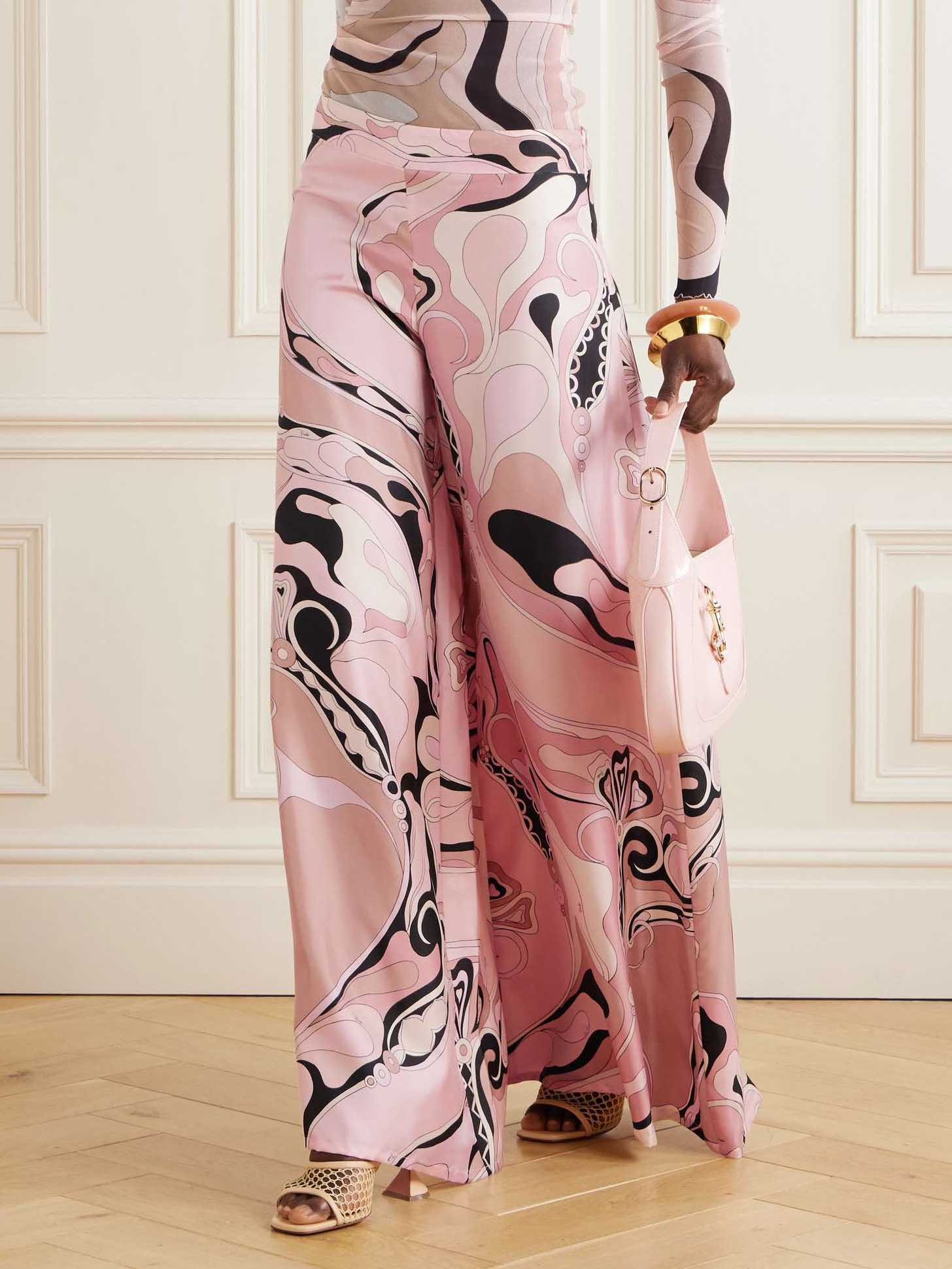 Retro Abstract Floral Print Wide-leg Pants Pink