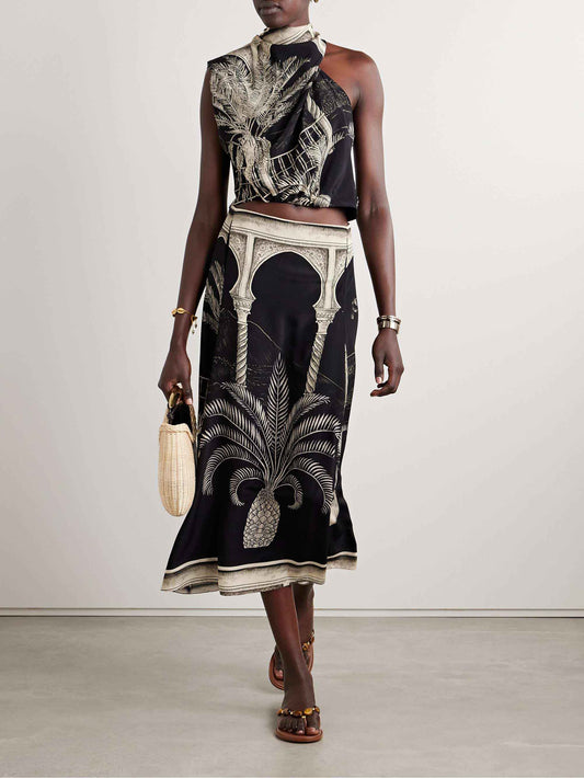 Tropical Palm Leaf Print One-shoulder Tank Top