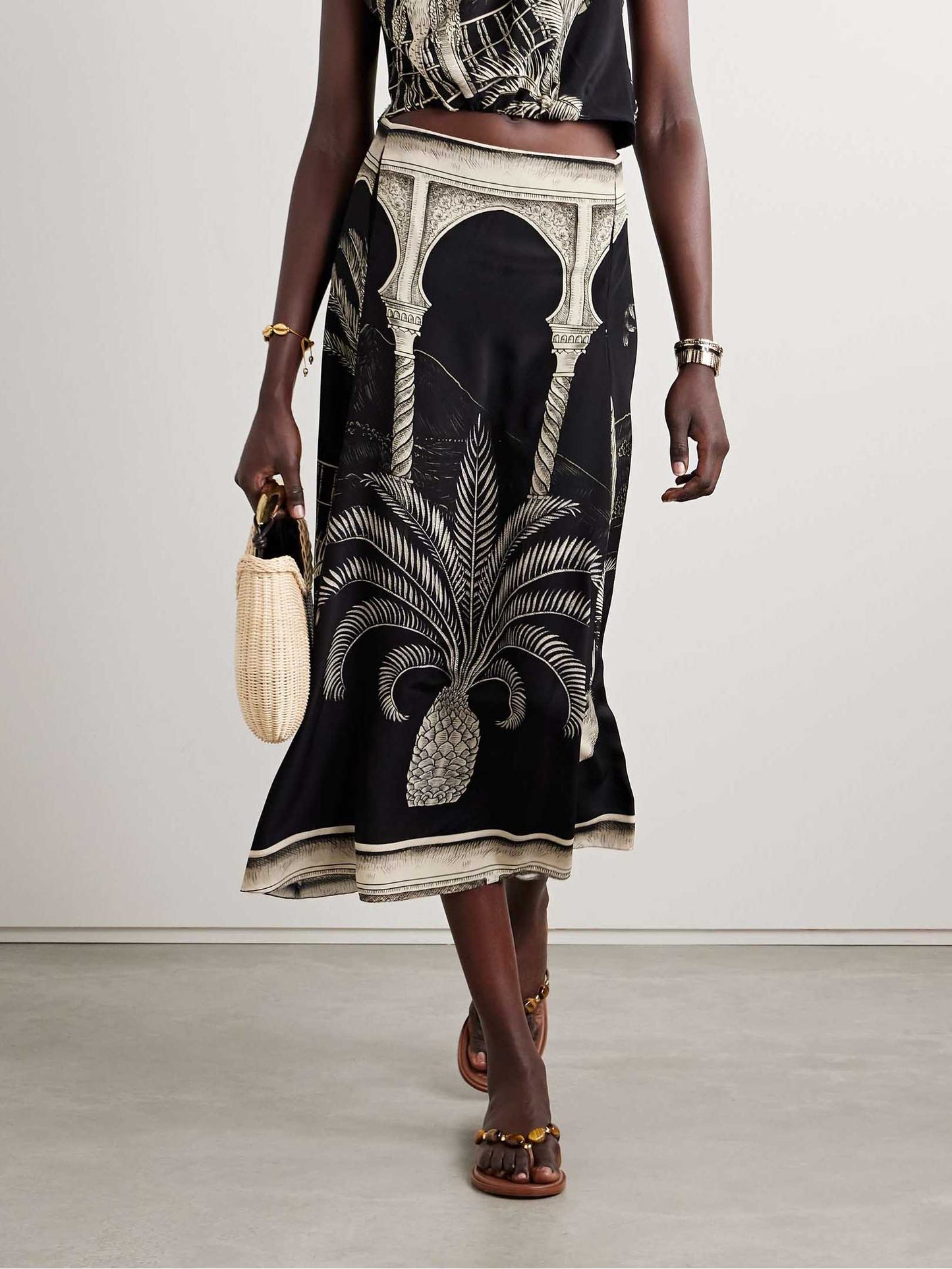 Tropical Palm Leaf Print Skirt Black