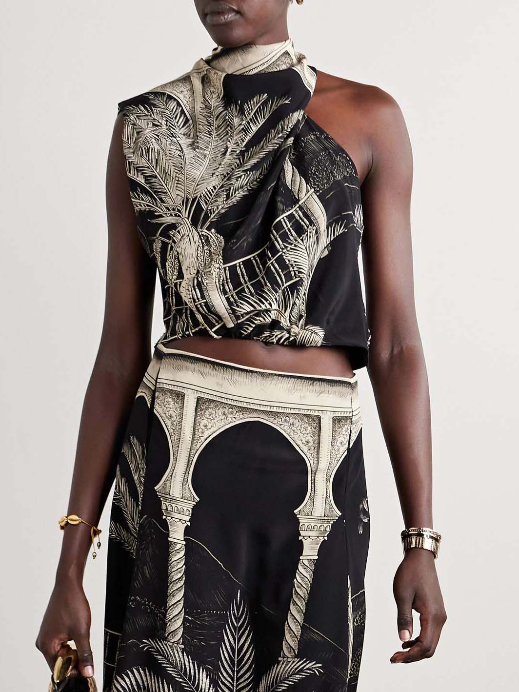 Tropical Palm Leaf Print One-shoulder Tank Top Black