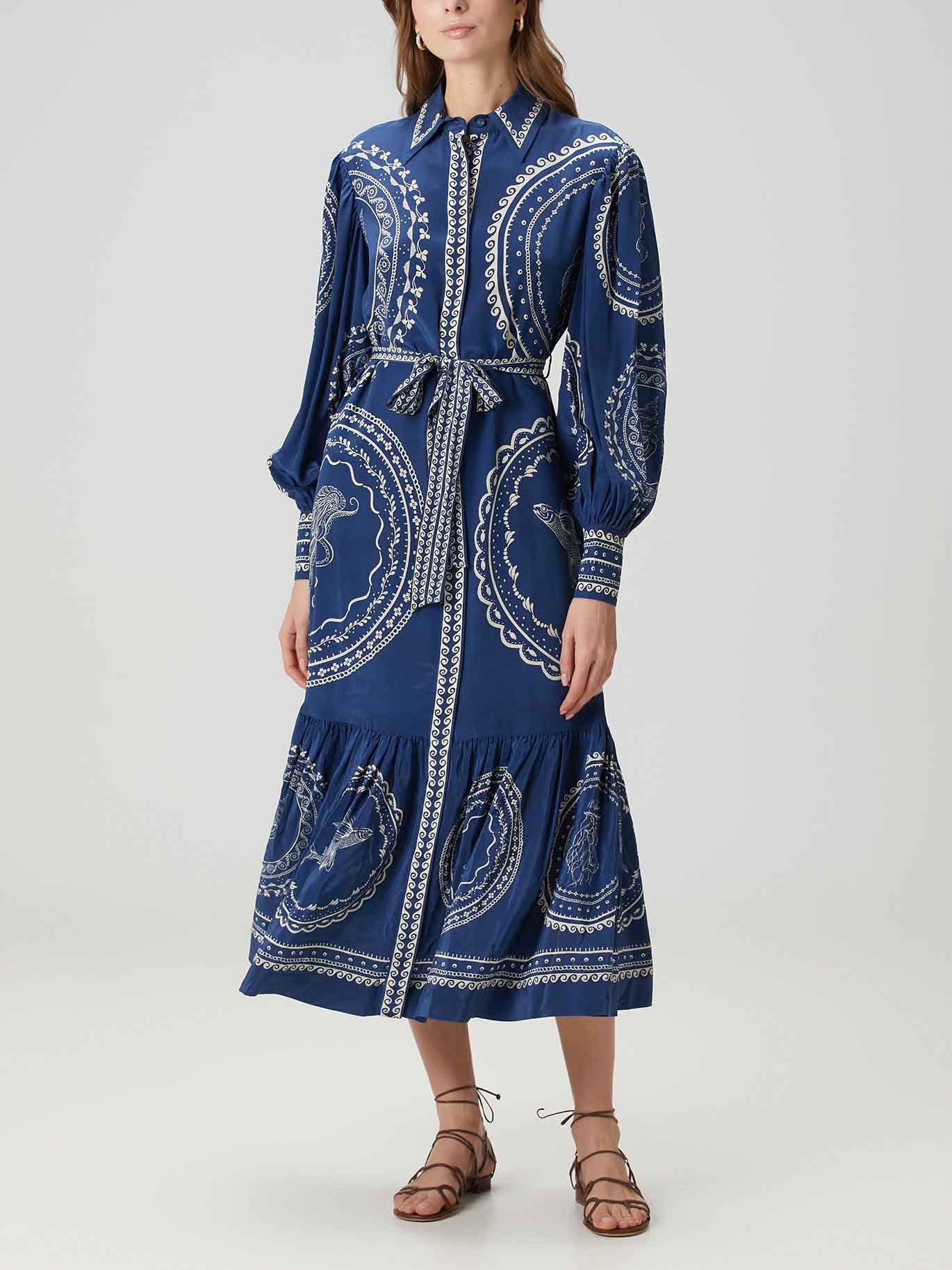 Exquisite Blue Ocean Print Lace-Up Single-Breasted Midi Dress Royal Blue
