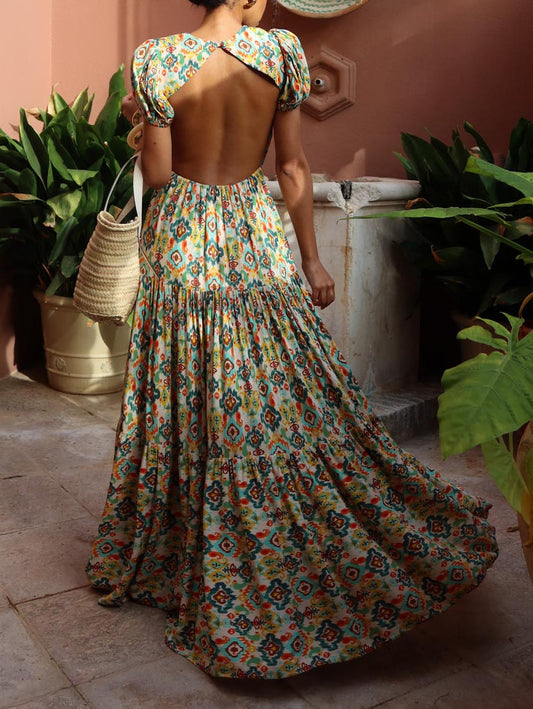 Delicate Satin Vintage Multicolor Print Maxi Dress