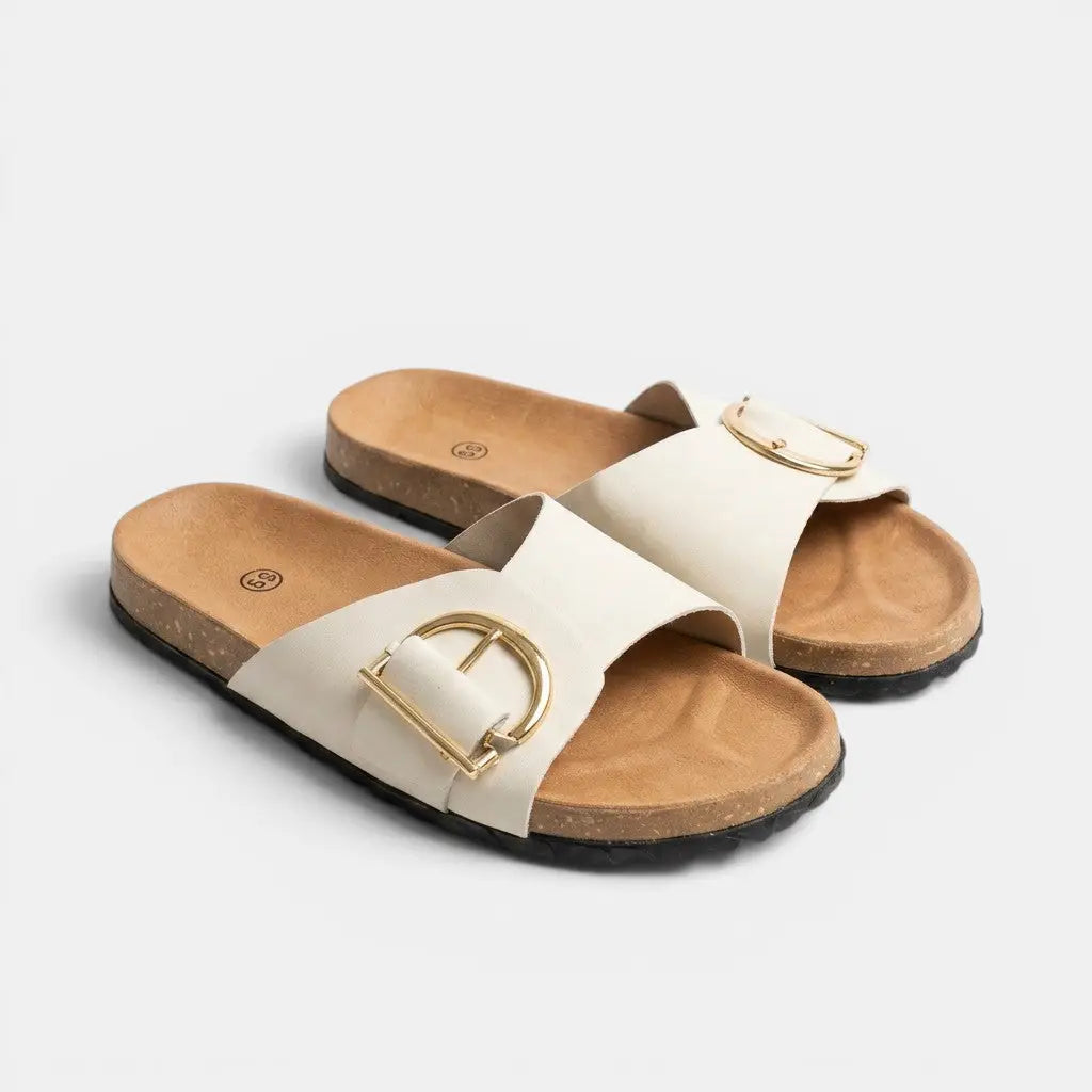 Buckleease — PU Buckled Mules With Chic Open Slip-On Everyday Comfort Design Beige