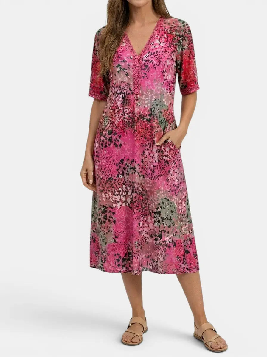 Mosaic — All-Over Printed V-Neck Midi Dress With Relaxed Short Sleeve Design Pink