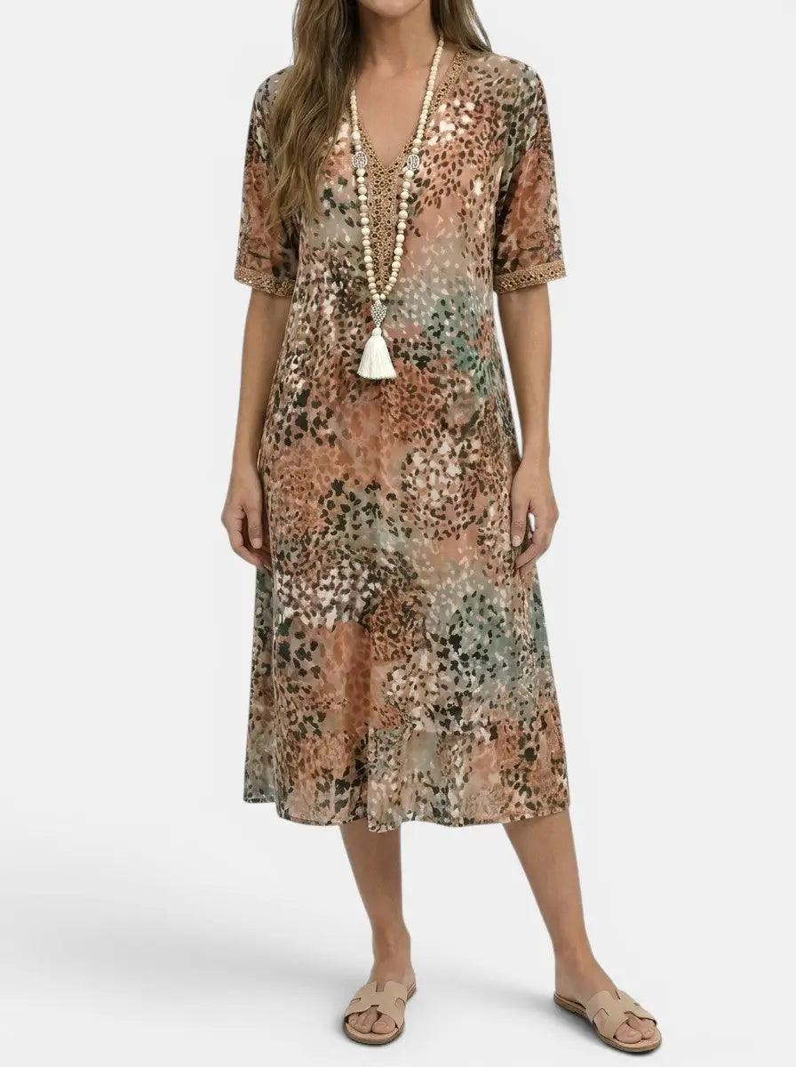 Mosaic — All-Over Printed V-Neck Midi Dress With Relaxed Short Sleeve Design Sandy Beige