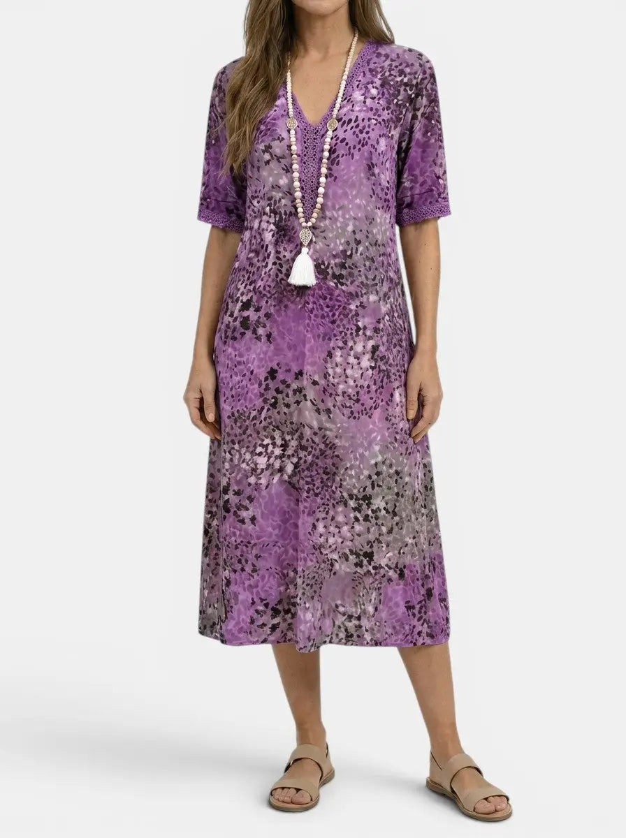 Mosaic — All-Over Printed V-Neck Midi Dress With Relaxed Short Sleeve Design Purple