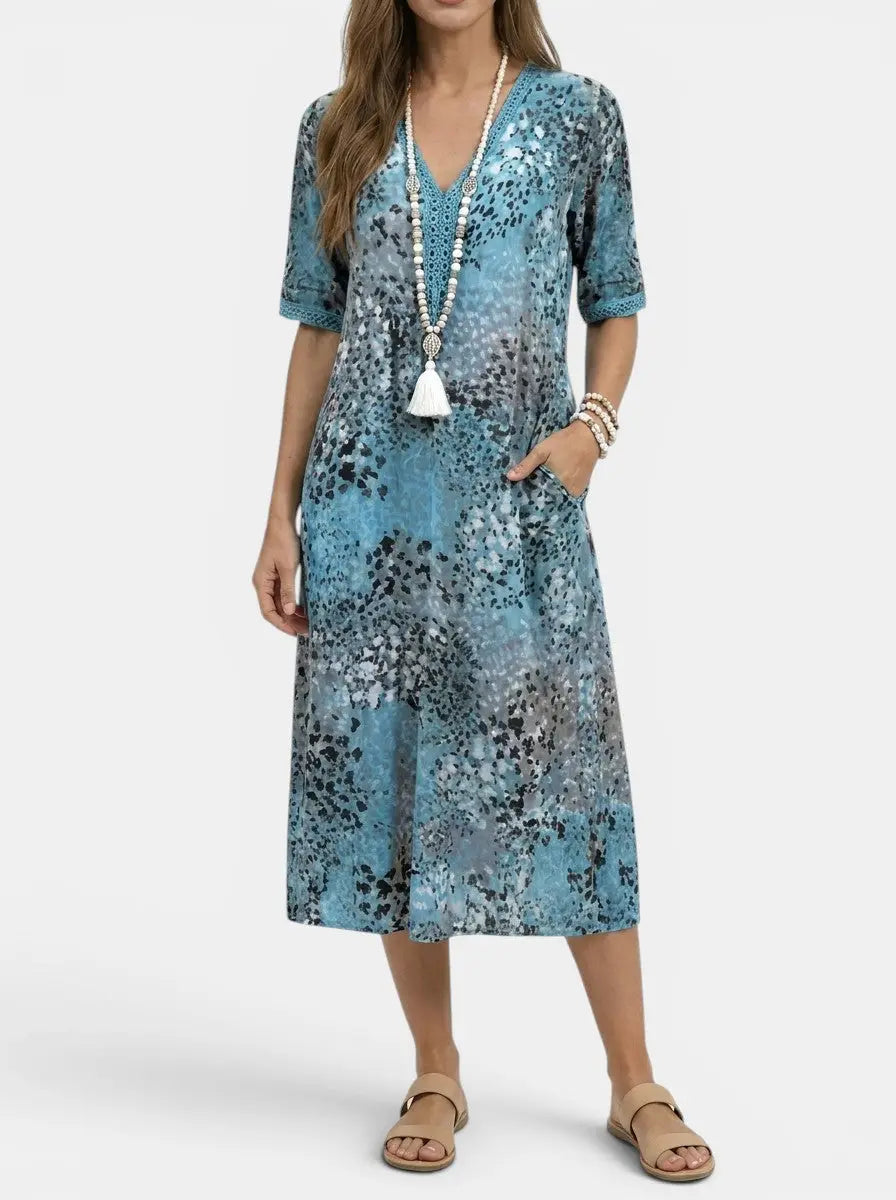 Mosaic — All-Over Printed V-Neck Midi Dress With Relaxed Short Sleeve Design Blue
