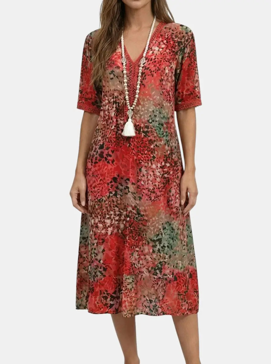 Mosaic — All-Over Printed V-Neck Midi Dress With Relaxed Short Sleeve Design Red