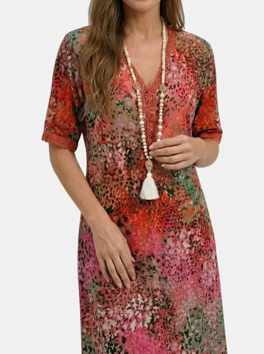 Mosaic — All-Over Printed V-Neck Midi Dress With Relaxed Short Sleeve Design