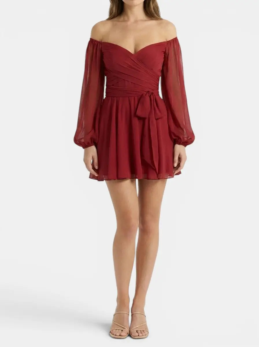 Marisia — Breathable Fabric Mini Dress With Elegant Wrap Summer Design And Pleated Skirt Red