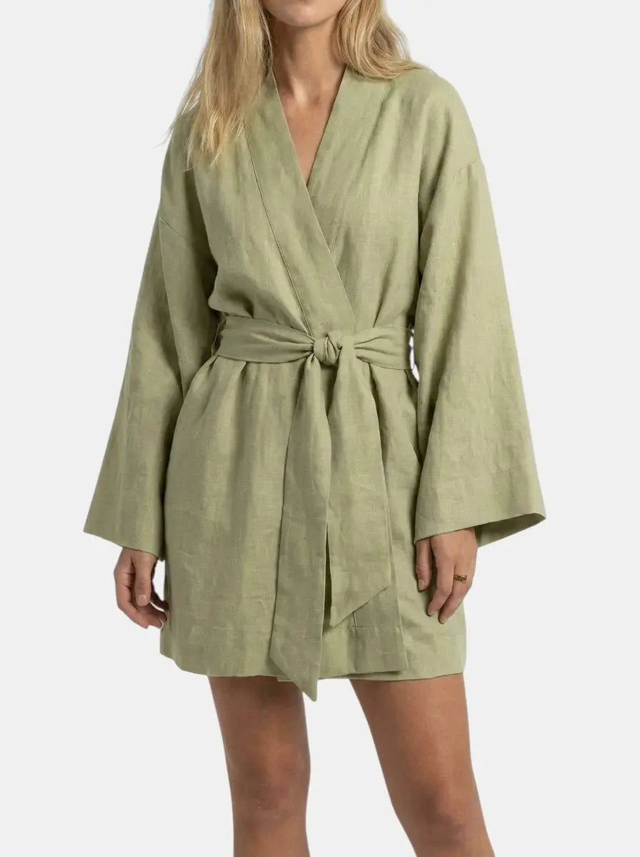 Marlowe — Breathable Linen Kimono Dress For Airy Bohemian Summer Days Green