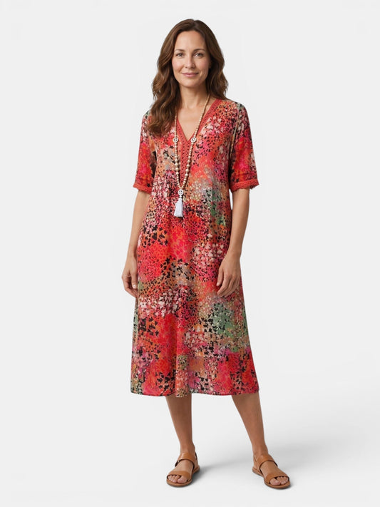 Esme — Colourful Printed Midi Dress With Relaxed Fit For Casual Wear Red