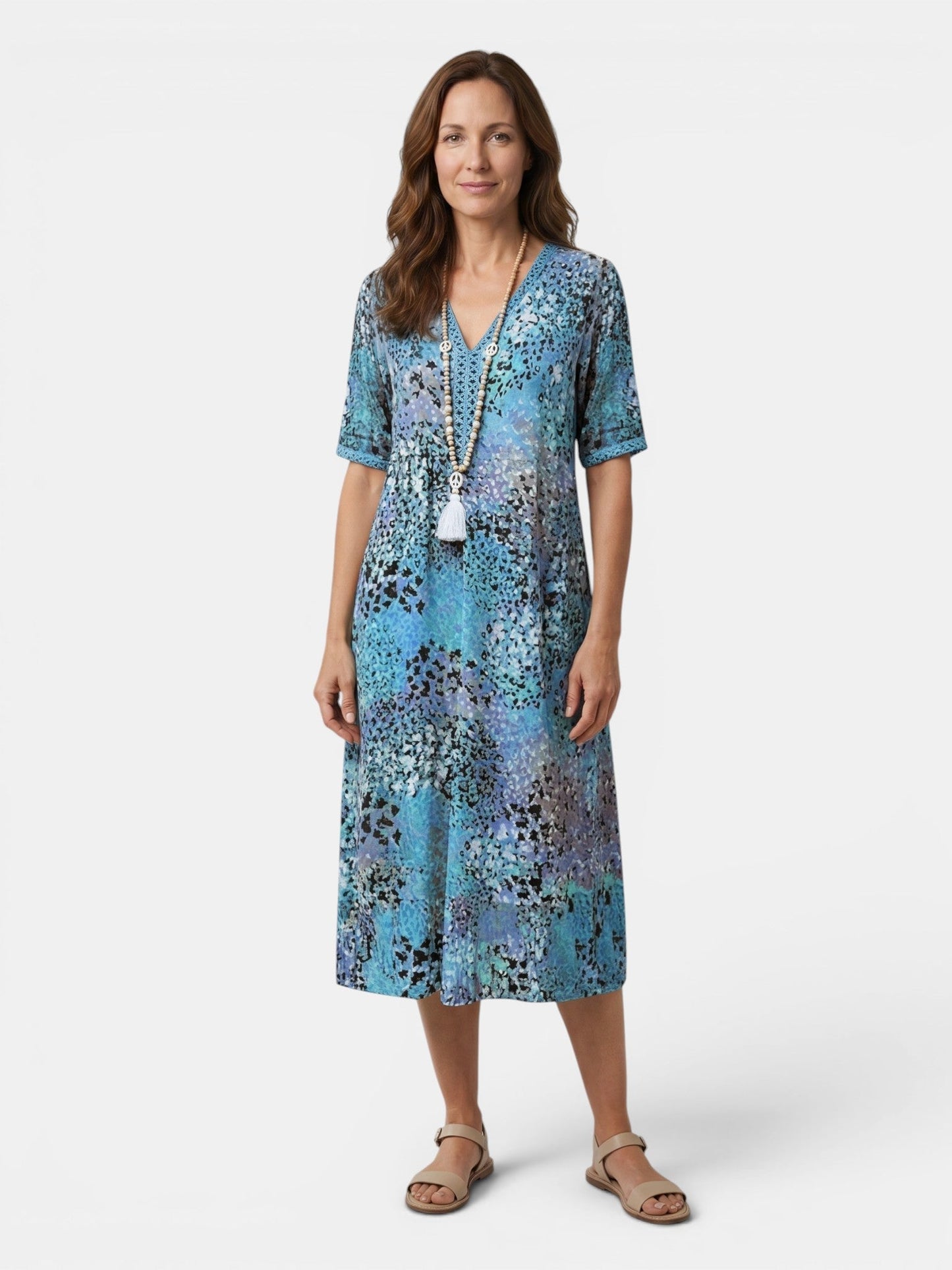 Esme — Colourful Printed Midi Dress With Relaxed Fit For Casual Wear Blue