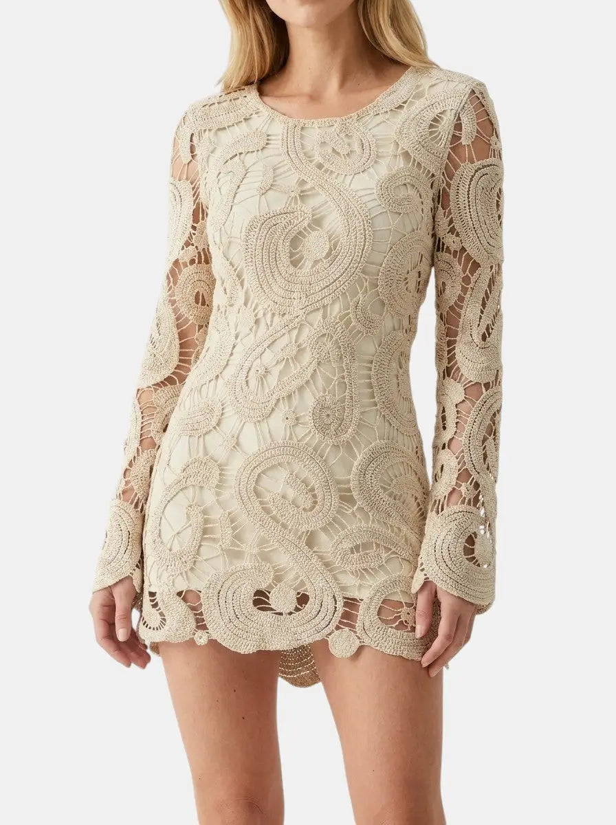 Marielle — Comfortable Crochet Mini Dress With Elegant Long Sleeves For Spring & Autumn Beige
