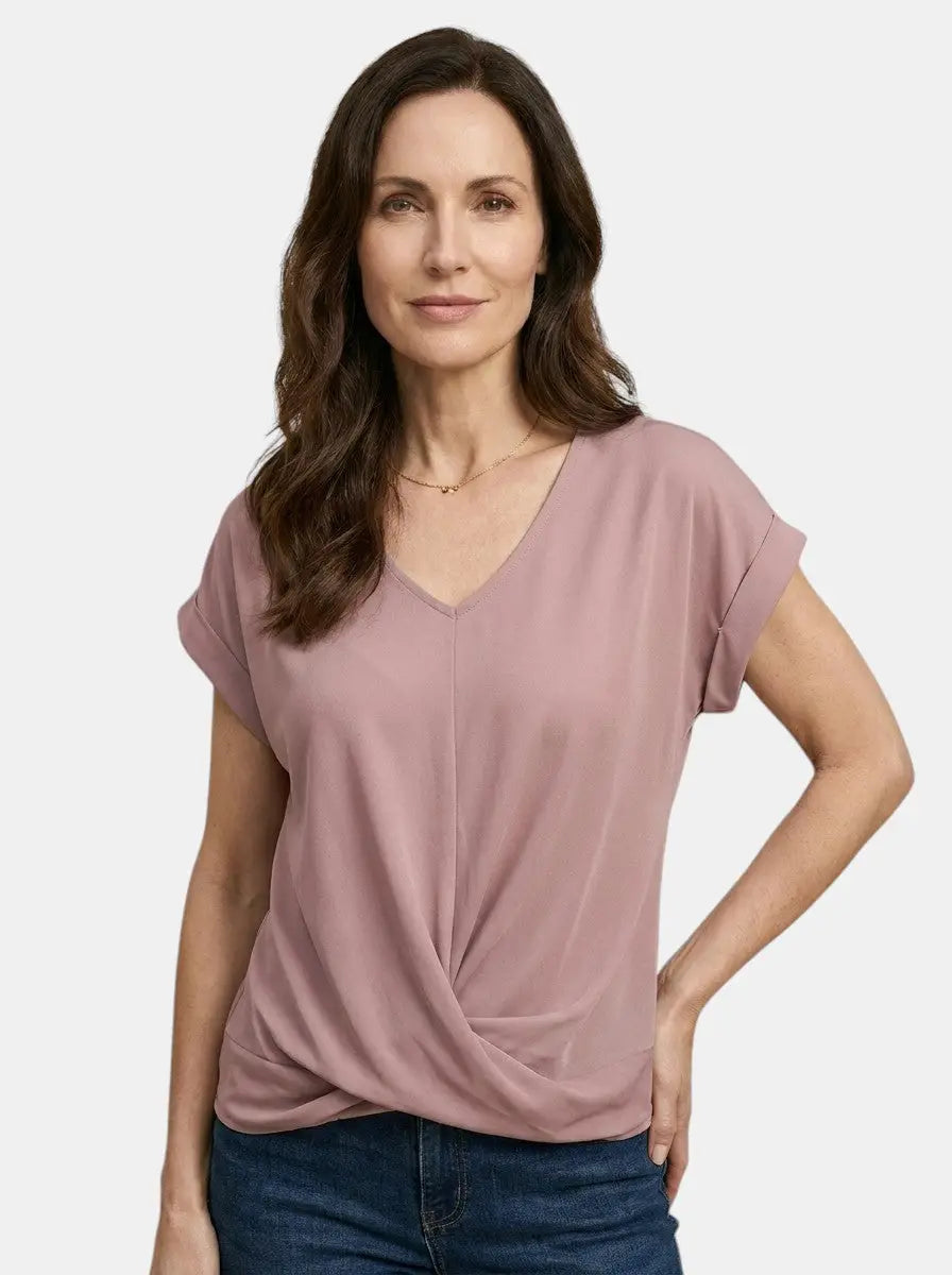 Vesper — Comfortable V-Neck Twist Front Top With Relaxed Short Sleeve Spring Style Pink