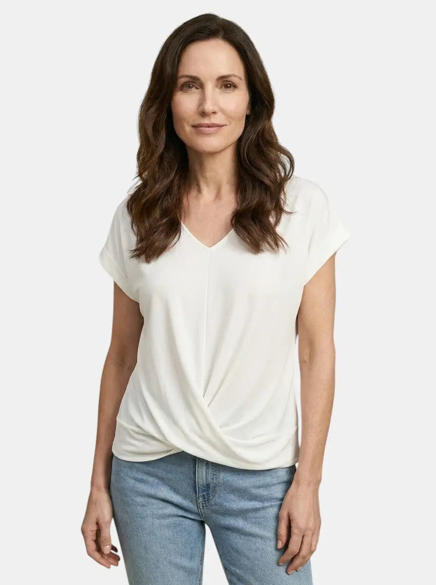 Vesper — Comfortable V-Neck Twist Front Top With Relaxed Short Sleeve Spring Style White