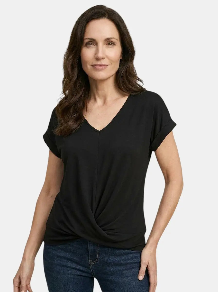 Vesper — Comfortable V-Neck Twist Front Top With Relaxed Short Sleeve Spring Style Black