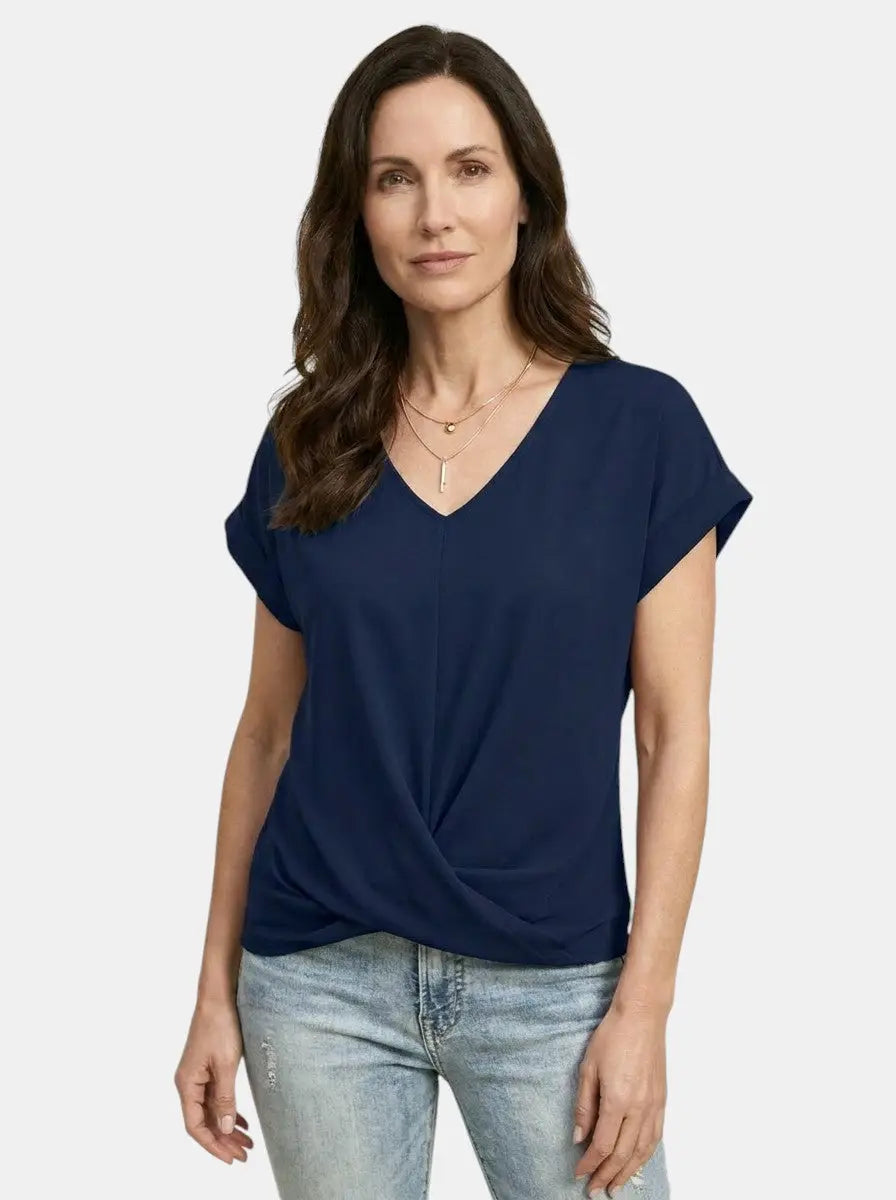 Vesper — Comfortable V-Neck Twist Front Top With Relaxed Short Sleeve Spring Style Blue