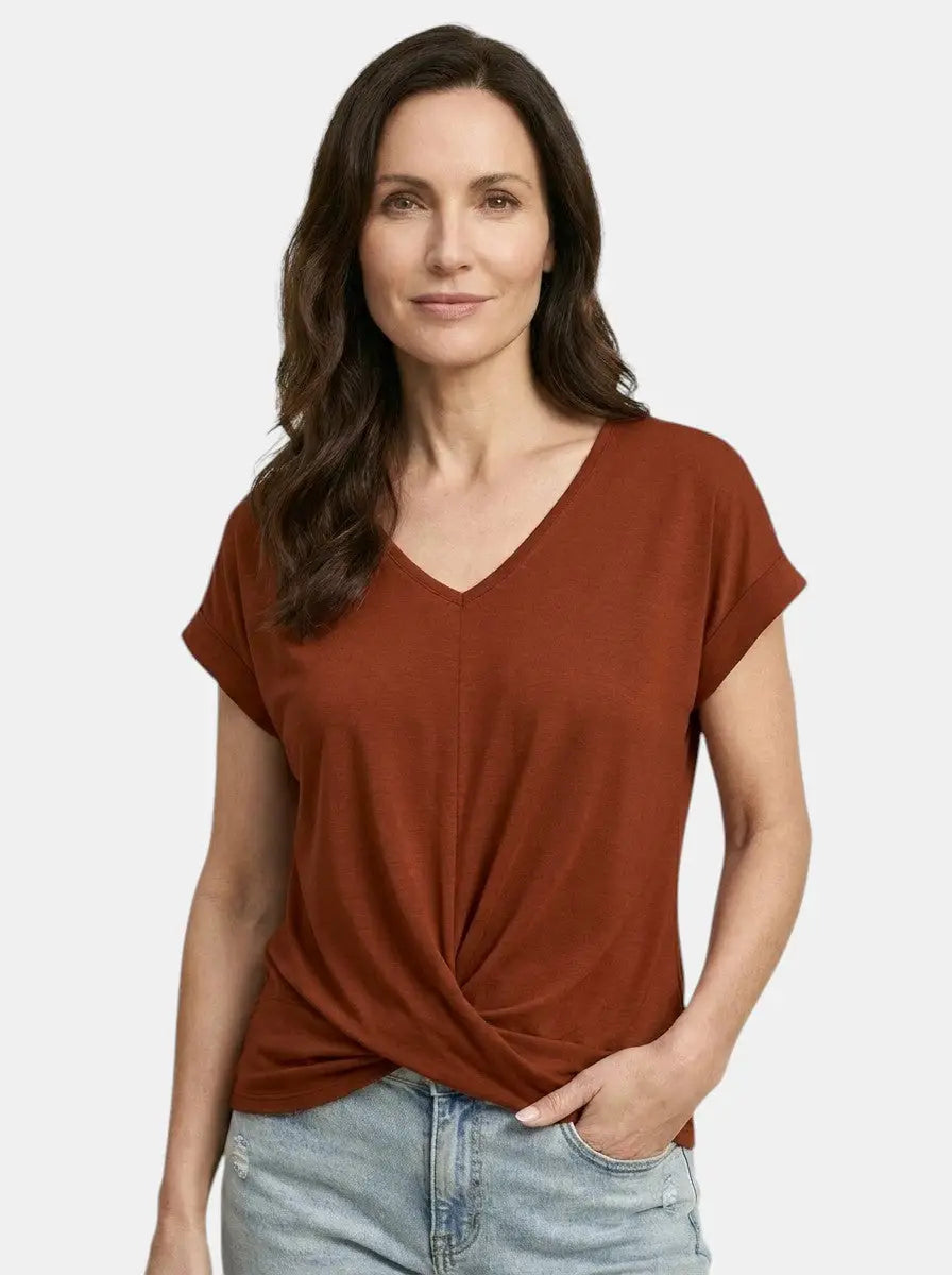 Vesper — Comfortable V-Neck Twist Front Top With Relaxed Short Sleeve Spring Style Red