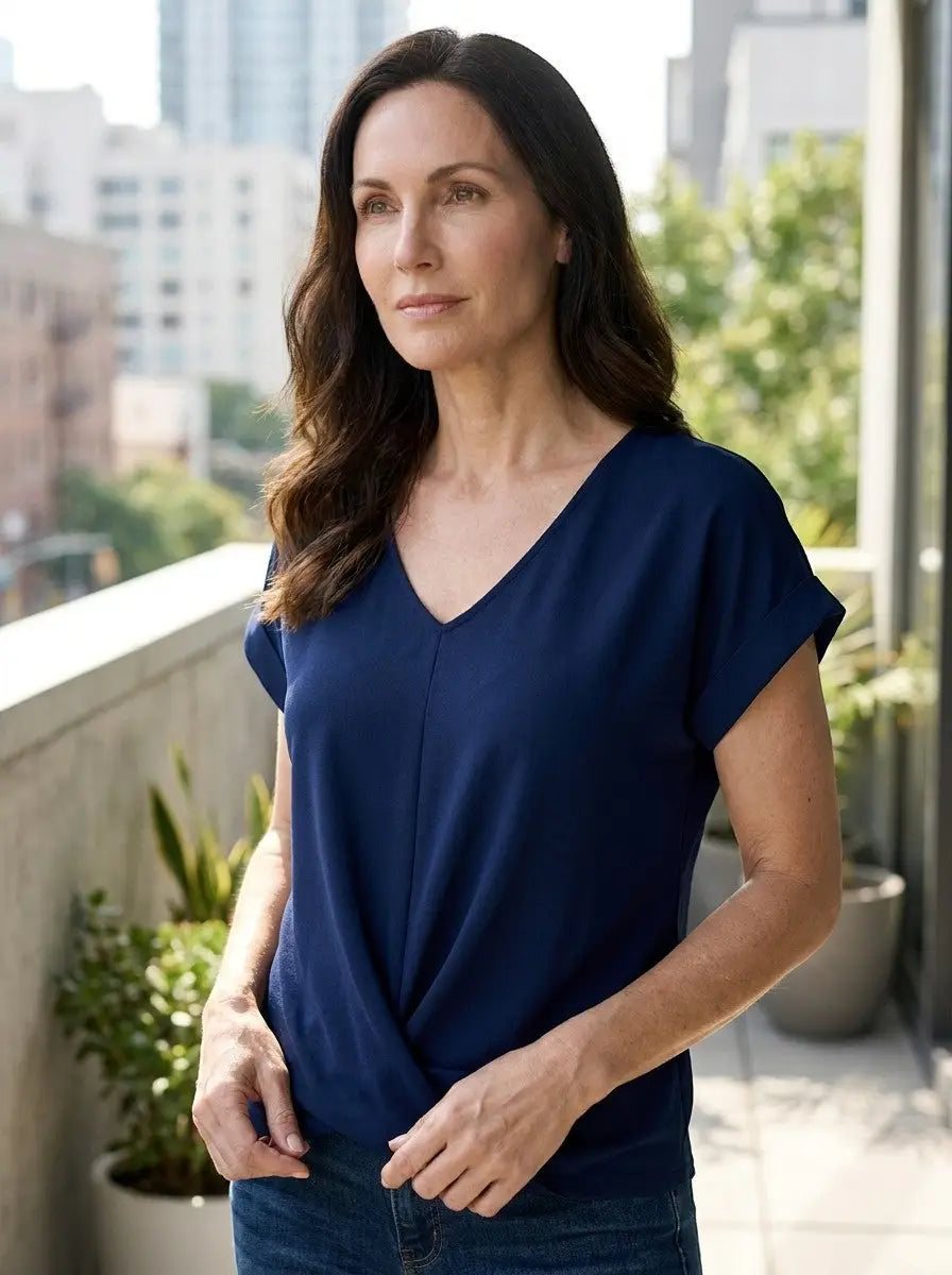 Vesper — Comfortable V-Neck Twist Front Top With Relaxed Short Sleeve Spring Style