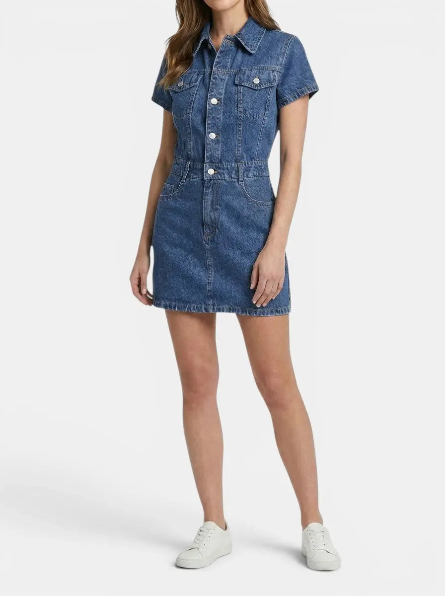 Dakota — Cotton Blend Denim Mini Dress With Stylish Short Sleeve Summer Design Blue