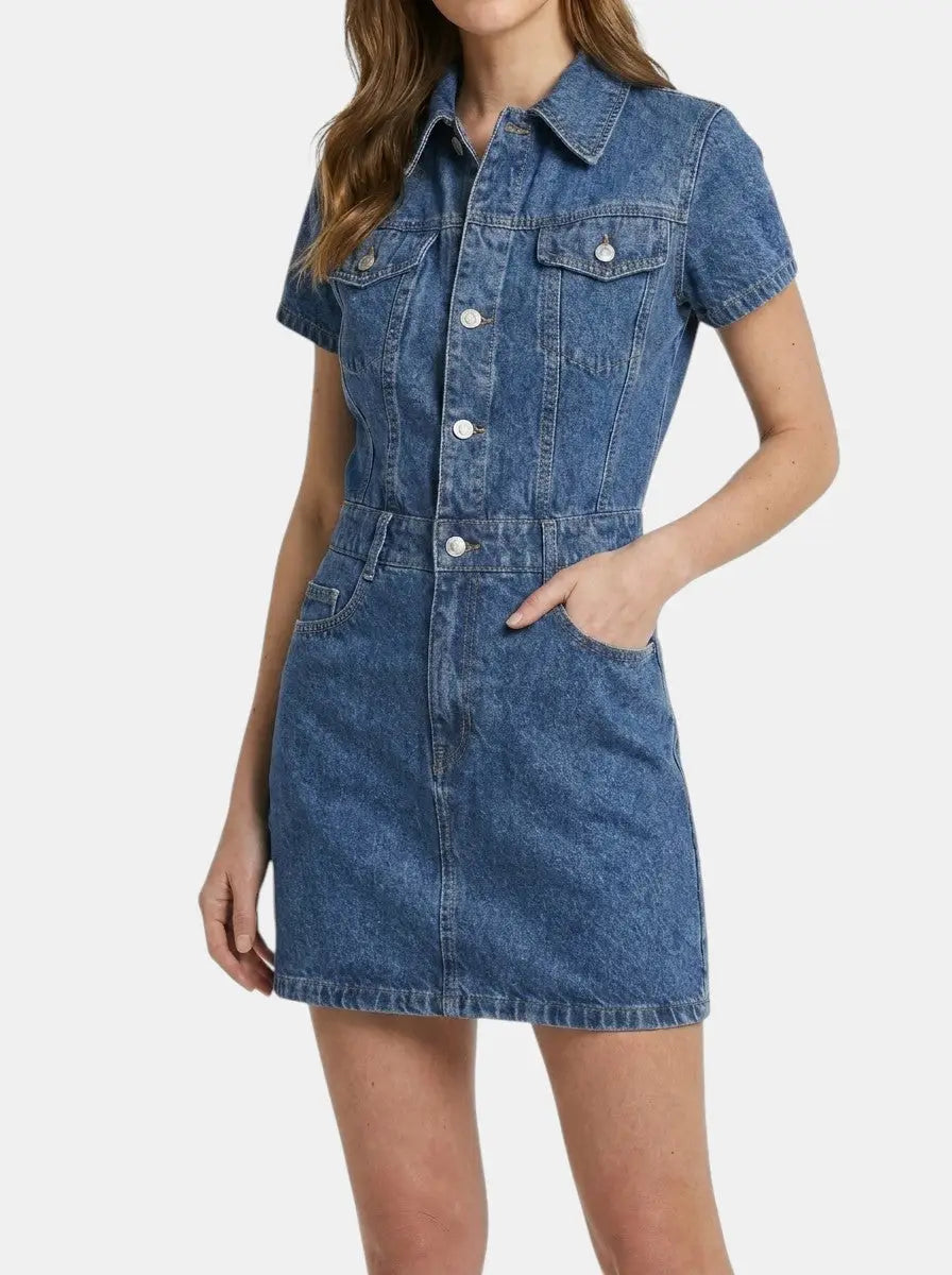 Dakota — Cotton Blend Denim Mini Dress With Stylish Short Sleeve Summer Design