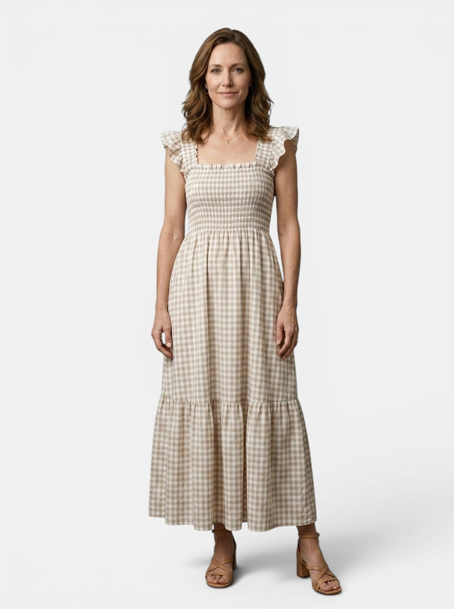Constance — Cotton Gingham Maxi Dress For Elegant Flowing Summer Charm Beige