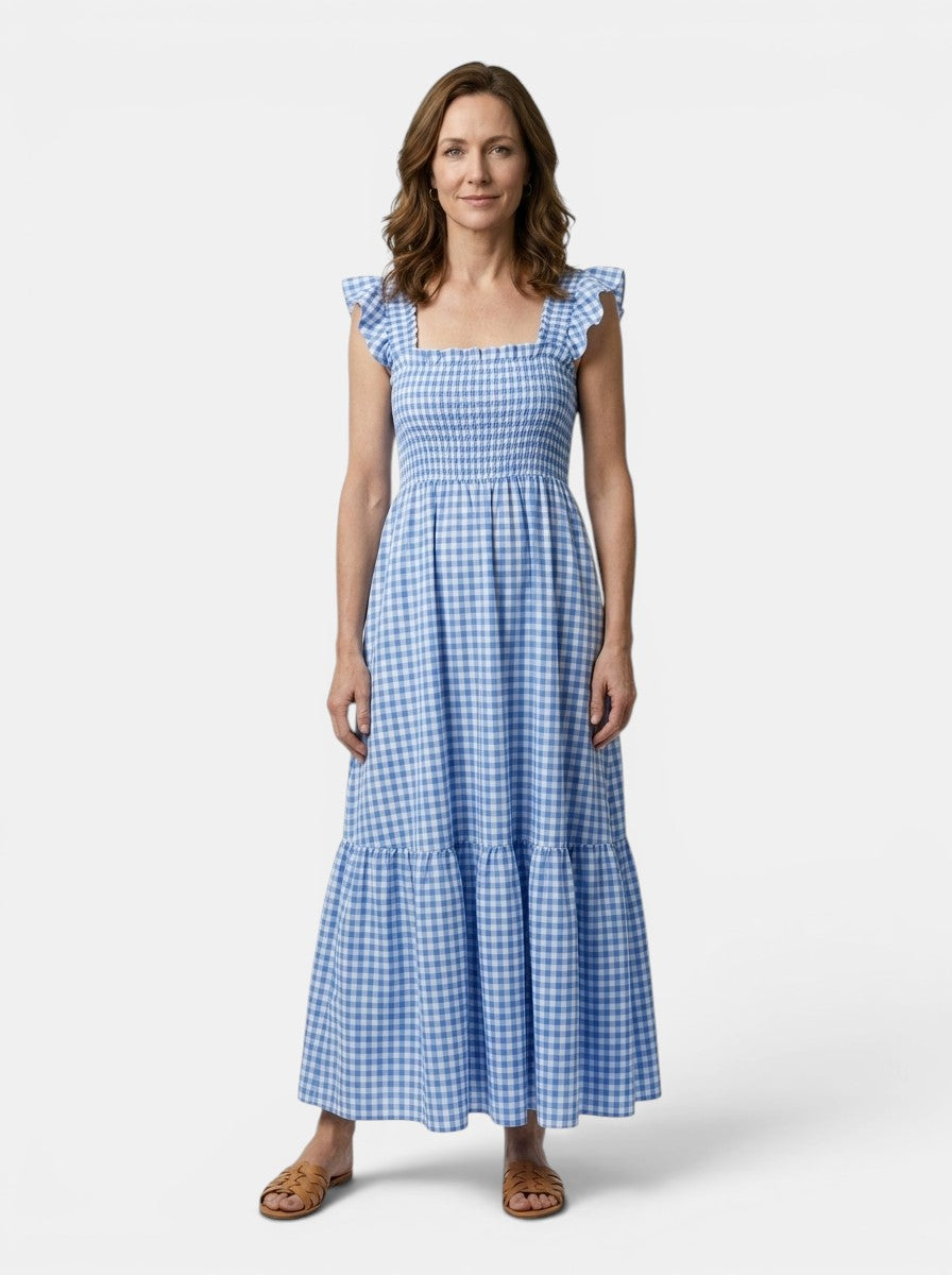 Constance — Cotton Gingham Maxi Dress For Elegant Flowing Summer Charm Blue