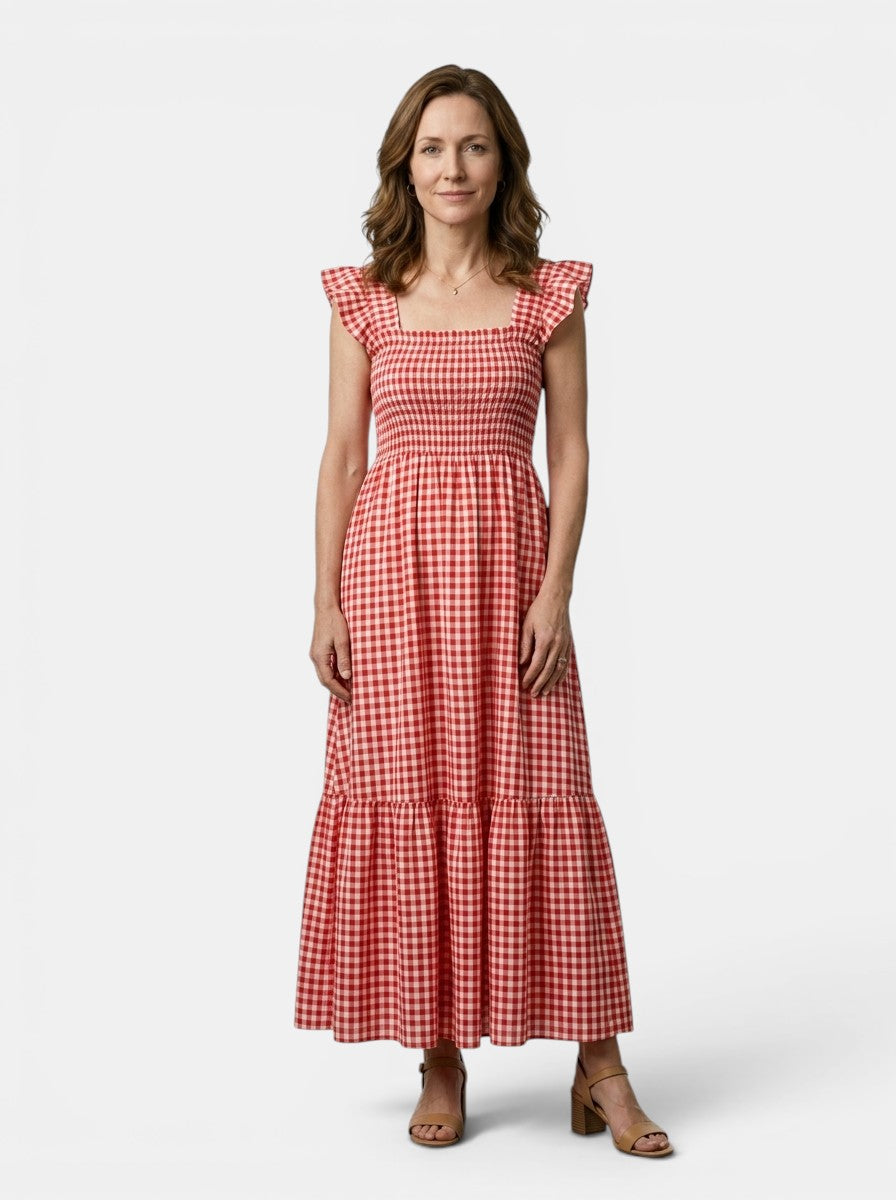 Constance — Cotton Gingham Maxi Dress For Elegant Flowing Summer Charm Red
