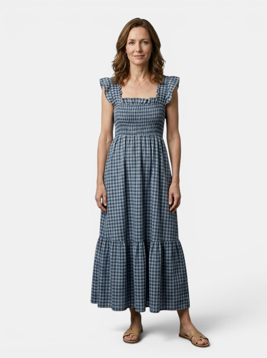 Constance — Cotton Gingham Maxi Dress For Elegant Flowing Summer Charm Dark Blue