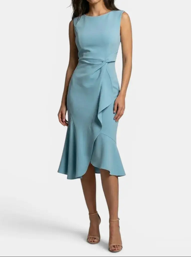 Marisabel — Elegant Asymmetric Midi Dress With Sleek Sleeveless Cocktail Design For Special Occasions Light Blue
