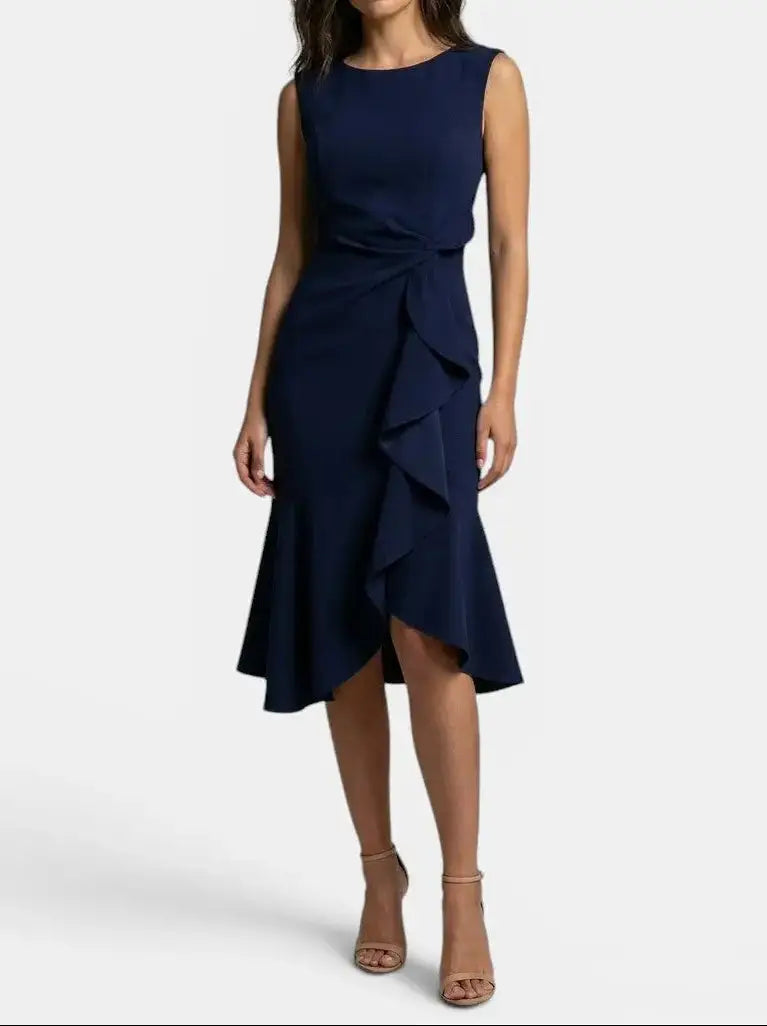 Marisabel — Elegant Asymmetric Midi Dress With Sleek Sleeveless Cocktail Design For Special Occasions Navy Blue