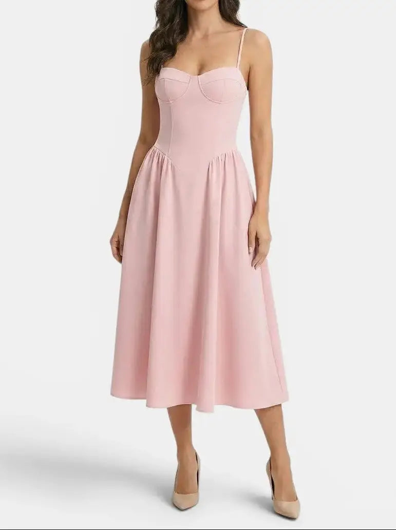 Marisette — Elegant Corset Midi Dress With Flared A-Line Design For Weddings Pink