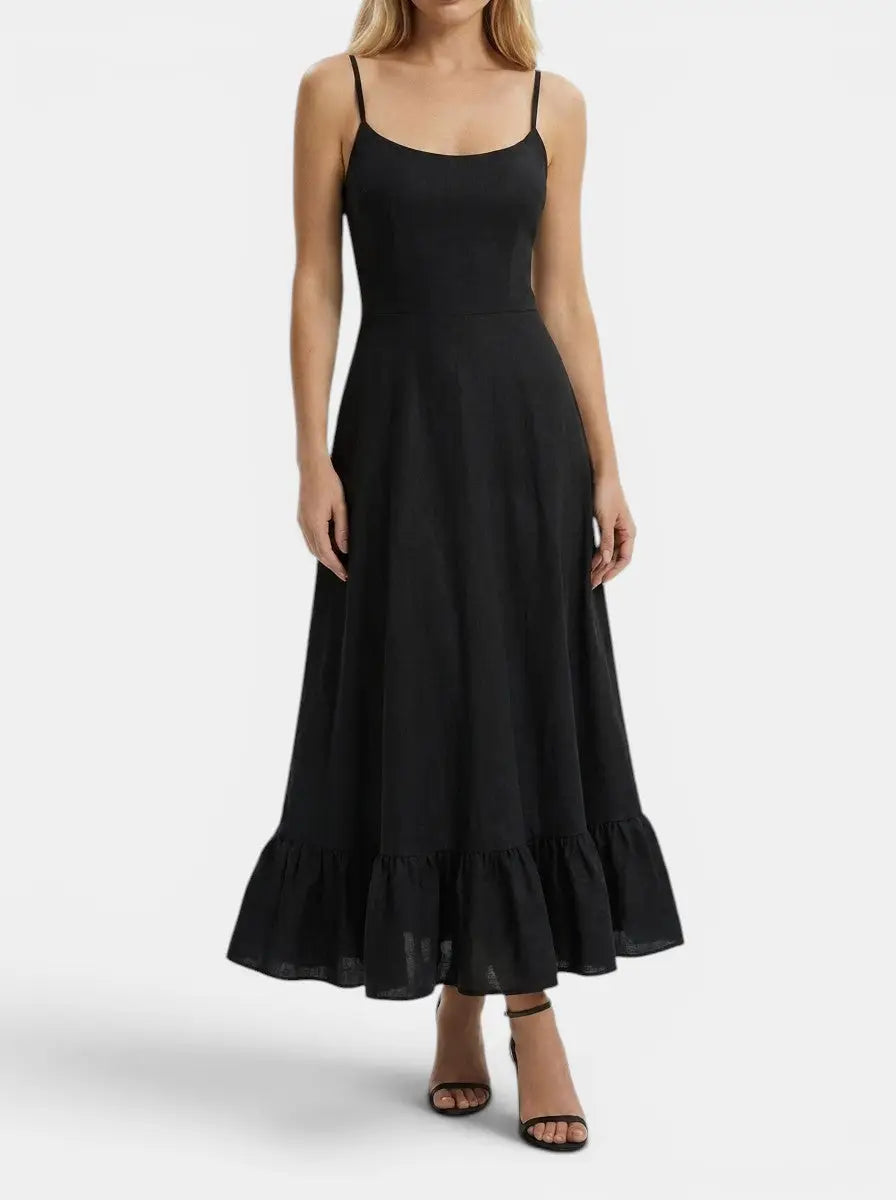 Beatrix — Elegant Fabric Midi Evening Dress With Flattering Ruffle Detail Black