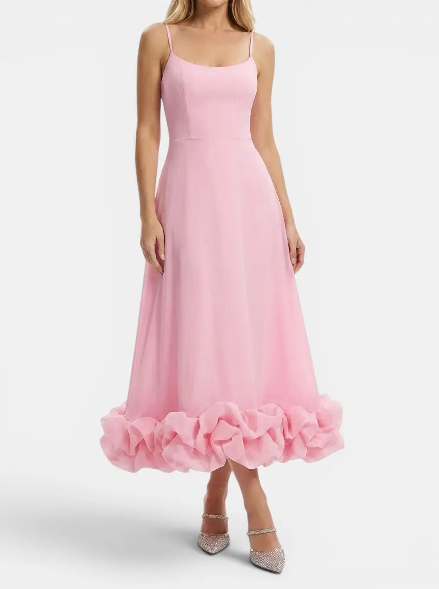 Beatrix — Elegant Fabric Midi Evening Dress With Flattering Ruffle Detail Pink