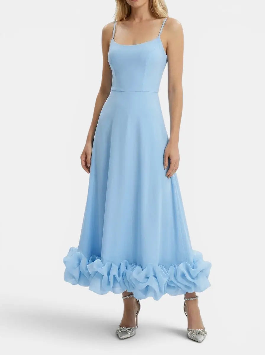 Beatrix — Elegant Fabric Midi Evening Dress With Flattering Ruffle Detail Blue