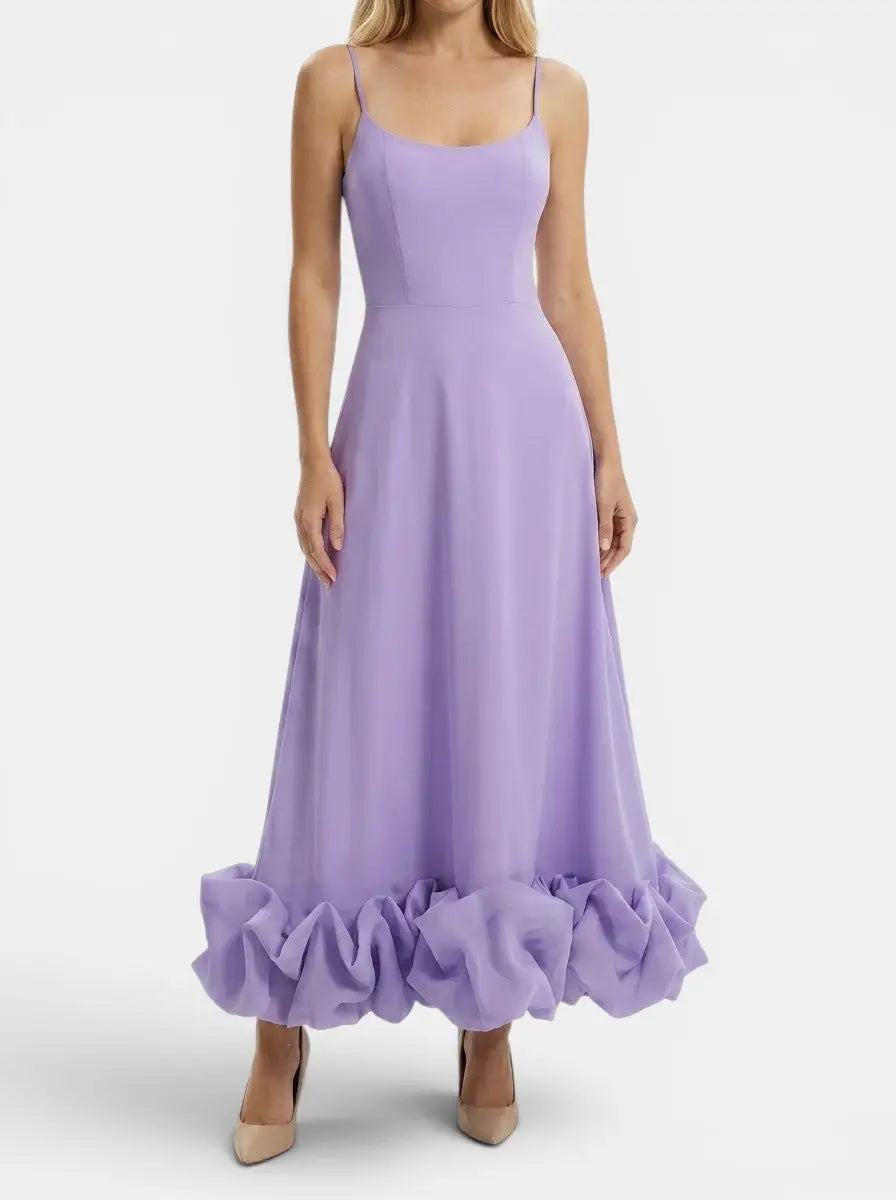 Beatrix — Elegant Fabric Midi Evening Dress With Flattering Ruffle Detail Purple
