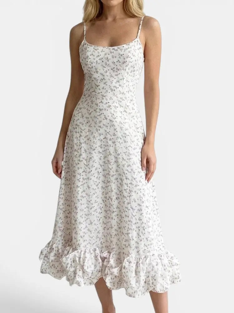 Beatrix — Elegant Fabric Midi Evening Dress With Flattering Ruffle Detail White