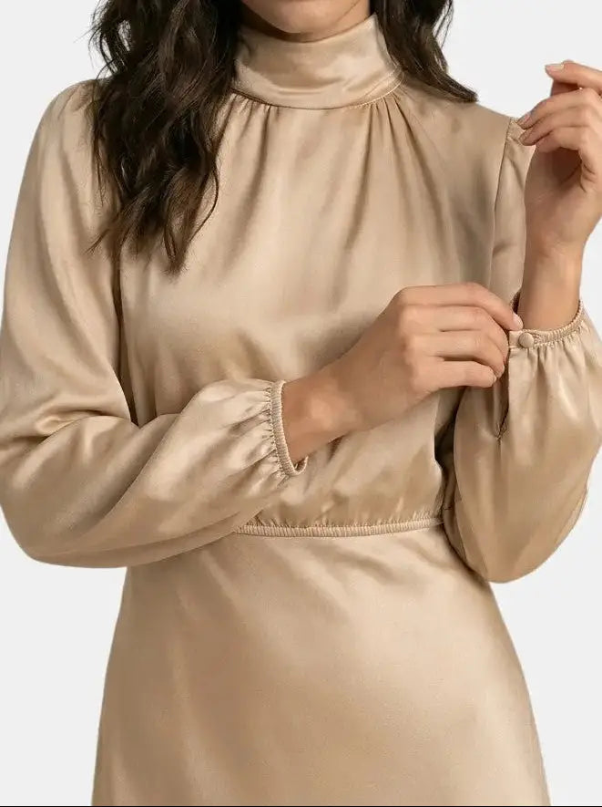 Wilhelmina — Elegant High Neck Midi Dress With Sophisticated Long Sleeve Cocktail Design