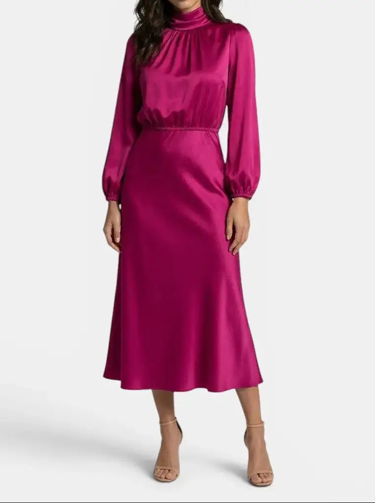 Wilhelmina — Elegant High Neck Midi Dress With Sophisticated Long Sleeve Cocktail Design Hot Pink