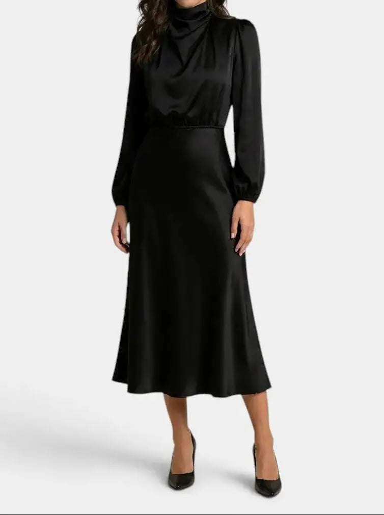 Wilhelmina — Elegant High Neck Midi Dress With Sophisticated Long Sleeve Cocktail Design Black