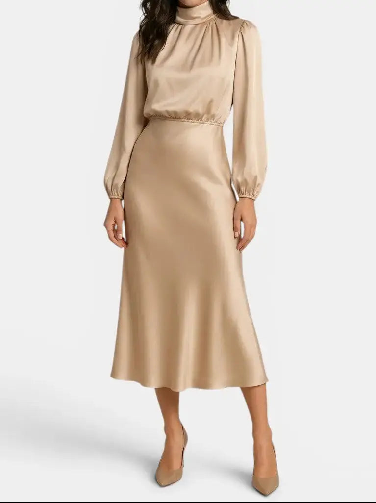 Wilhelmina — Elegant High Neck Midi Dress With Sophisticated Long Sleeve Cocktail Design Beige