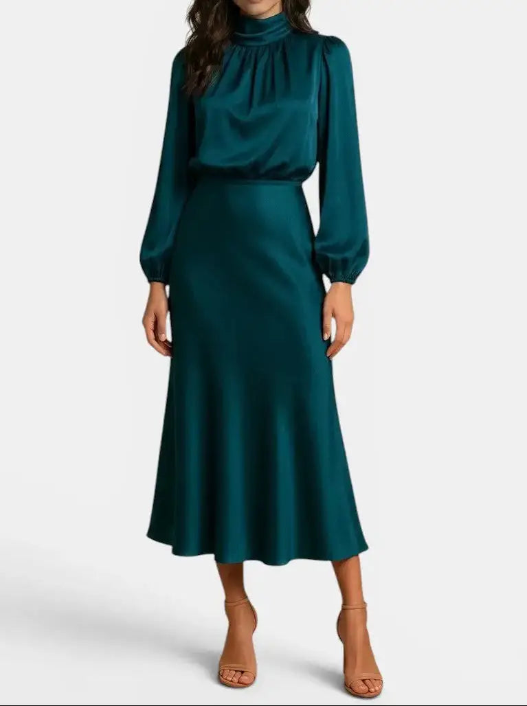 Wilhelmina — Elegant High Neck Midi Dress With Sophisticated Long Sleeve Cocktail Design Teal Blue