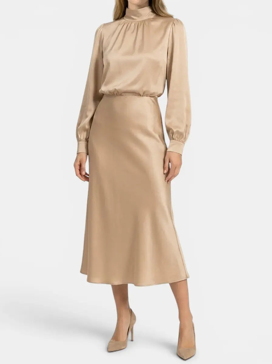 Marisol — Elegant High-Waist Midi Dress With Sophisticated Long Sleeve Formal Cocktail Design Beige