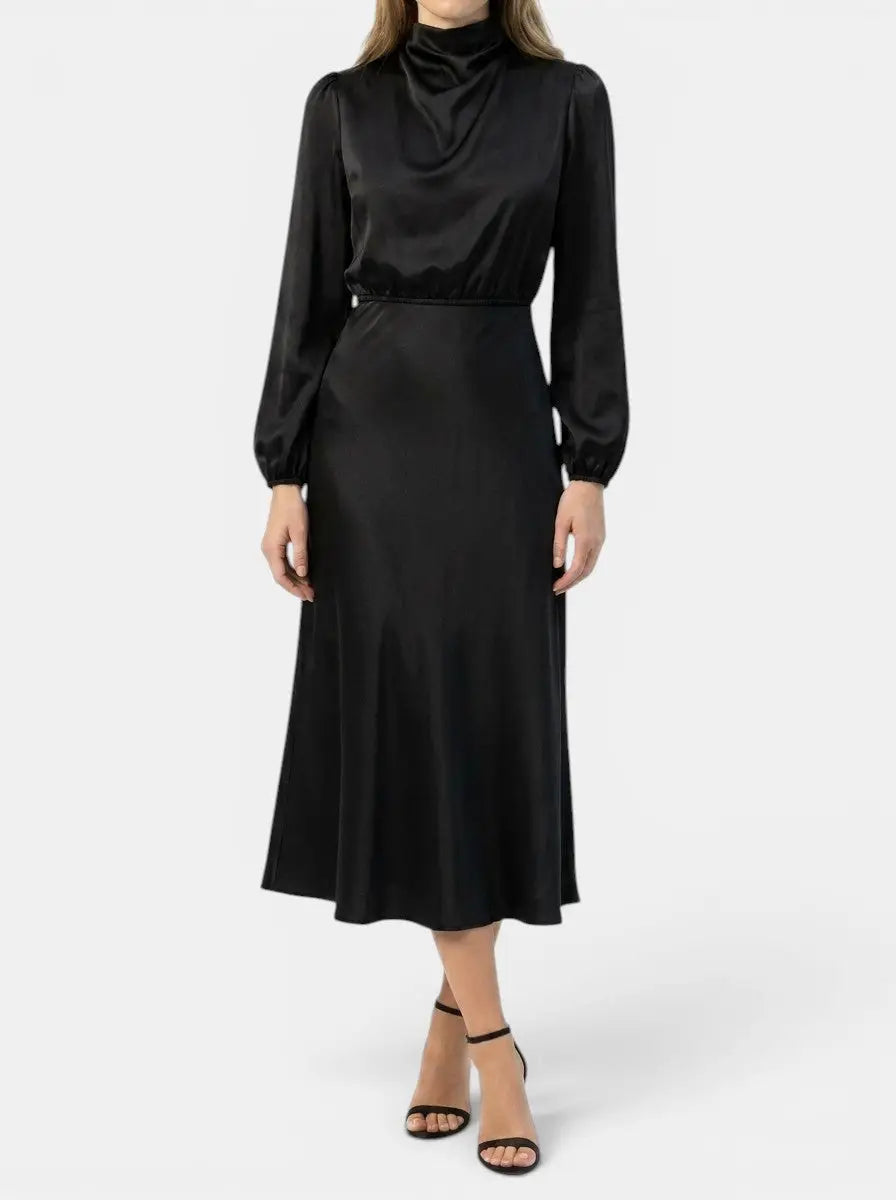 Marisol — Elegant High-Waist Midi Dress With Sophisticated Long Sleeve Formal Cocktail Design Black
