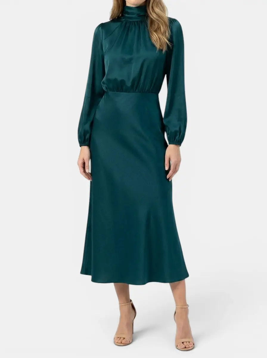 Marisol — Elegant High-Waist Midi Dress With Sophisticated Long Sleeve Formal Cocktail Design Teal Blue