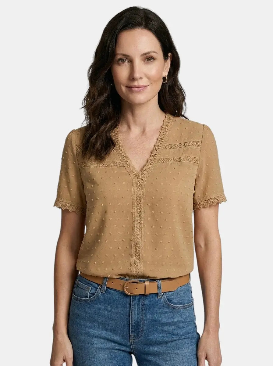 Theodora — Elegant Lace Blouse With Timeless Long Sleeve V-Neck Design Khaki