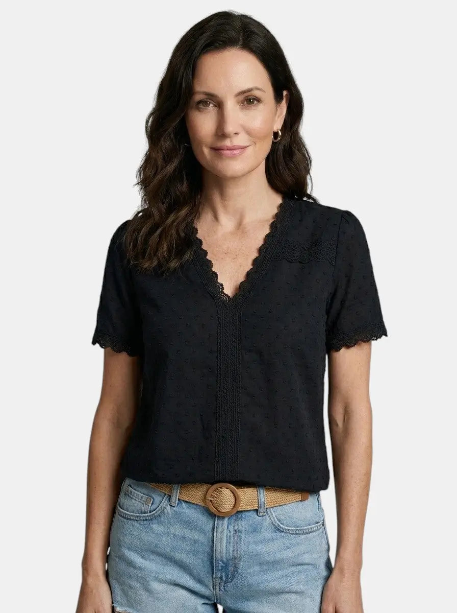 Theodora — Elegant Lace Blouse With Timeless Long Sleeve V-Neck Design Black